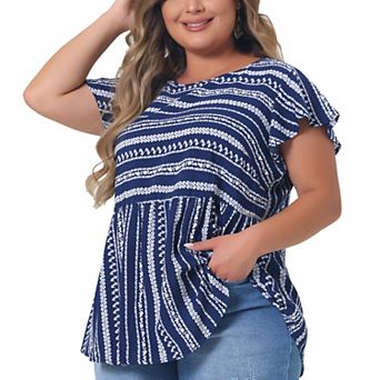 Plus Size Top for Women Boho Floral Printed Round Neck Ruffle Sleeve Blouses Shirts