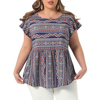 Plus Size Top for Women Boho Floral Printed Round Neck Ruffle Sleeve Blouses Shirts