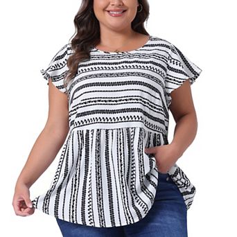 Plus Size Top for Women Boho Floral Printed Round Neck Ruffle Sleeve Blouses Shirts