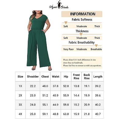 Plus Size Overall Rompers For Women V Neck Wide Legs Pants Sleeveless Pockets