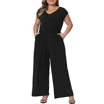 Plus Size Overall Rompers For Women V Neck Wide Legs Pants Sleeveless Pockets