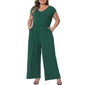 Plus Size Overall Rompers For Women V Neck Wide Legs Pants Sleeveless Pockets