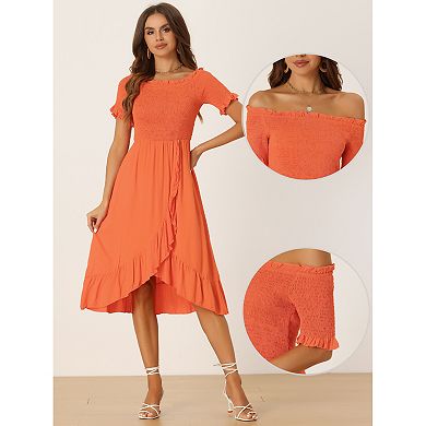 Summer Smocked Dresses For Women's Off The Shoulder Ruffle Hem Midi Dress