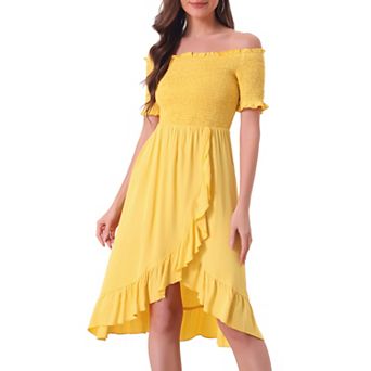 Summer Smocked Dresses For Women's Off The Shoulder Ruffle Hem Midi Dress