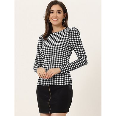 Stretchy Slim Plaid Shirt for Women's Round Neck Long Sleeve Basic Blouse Tops