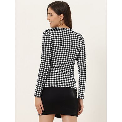 Stretchy Slim Plaid Shirt for Women's Round Neck Long Sleeve Basic Blouse Tops