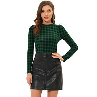 Stretchy Slim Plaid Shirt for Women's Round Neck Long Sleeve Basic Blouse Tops