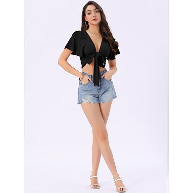 Ruffle Sleeve Crop Top for Women's Tie Closure Summer Casual Blouse