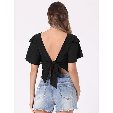 Ruffle Sleeve Crop Top for Women's Tie Closure Summer Casual Blouse
