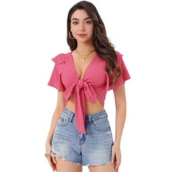 Ruffle Sleeve Crop Top for Women's Tie Closure Summer Casual Blouse
