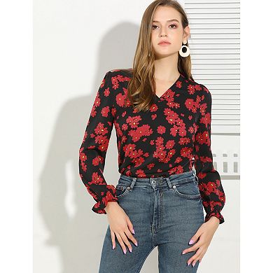 Women's Floral Print Puffy Shoulder Ruffle Cuff Long Sleeve V Neck Blouse