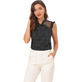 1950s Chiffon Blouse for Women's Tie Sleeveless Mesh Panel Retro Heart Shirt