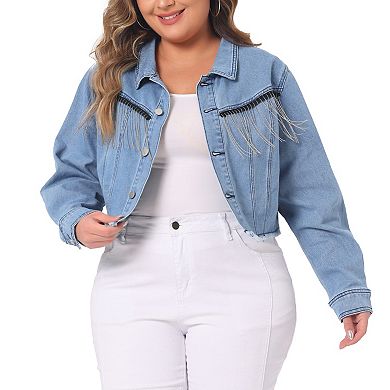 Plus Size Cropped Denim Jacket For Women Frayed Hem Tassel Button