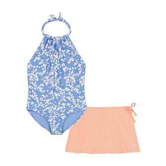 Girls 7-16 Roxy 2 pc Floral Print Halter One-Piece Swimsuit & Cover-Up Wrap Skirt Set