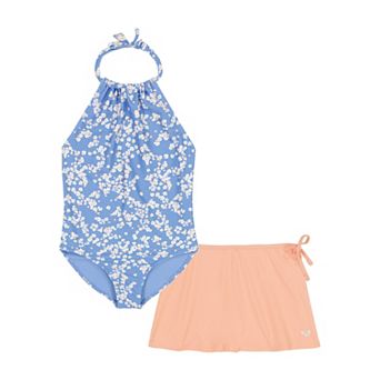 Girls 7-16 Roxy 2 pc Floral Print Halter One-Piece Swimsuit & Cover-Up Wrap Skirt Set