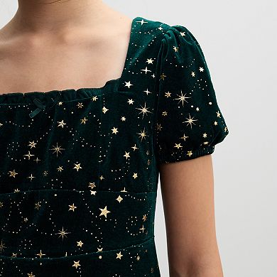 Girls 7-16 Eyeshadow Square Neck Puff Sleeve Dress