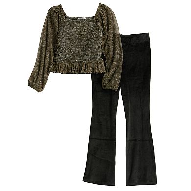 Girls 7-16 eyeshadow 2-Piece Smocked Top and Velour Pants Set