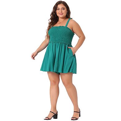 Plus Size Summer Sleeveless For Women Square Collar Pockets Flowy Short Rompers