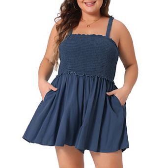 Plus Size Summer Sleeveless for Women Square Collar Pockets Flowy Short Rompers