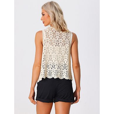 Women's Floral Crochet Hollow Out Sleeveless Open Front Boho Vest Cardigan