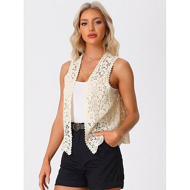 Women's Floral Crochet Hollow Out Sleeveless Open Front Boho Vest Cardigan
