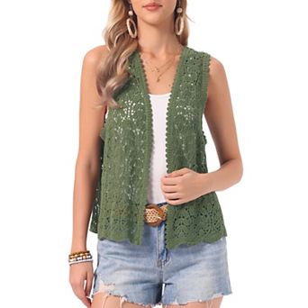 Women's Floral Crochet Hollow Out Sleeveless Open Front Boho Vest Cardigan