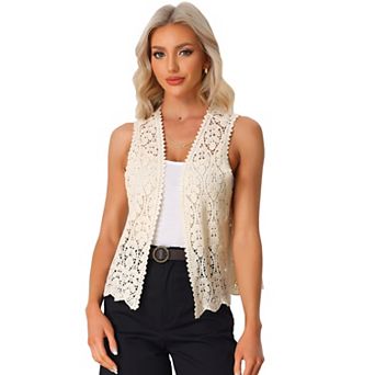 Women's Floral Crochet Hollow Out Sleeveless Open Front Boho Vest Cardigan