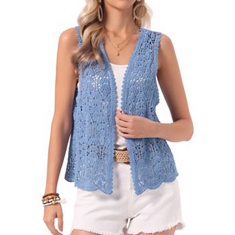 Women's Floral Crochet Hollow Out Sleeveless Open Front Boho Vest Cardigan