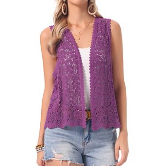 Women's Floral Crochet Hollow Out Sleeveless Open Front Boho Vest Cardigan