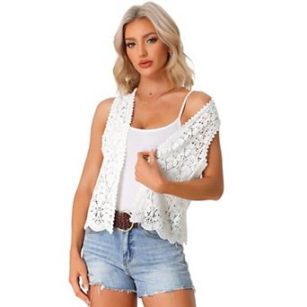 Women's Floral Crochet Hollow Out Sleeveless Open Front Boho Vest Cardigan
