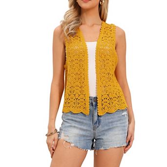 Women's Floral Crochet Hollow Out Sleeveless Open Front Boho Vest Cardigan