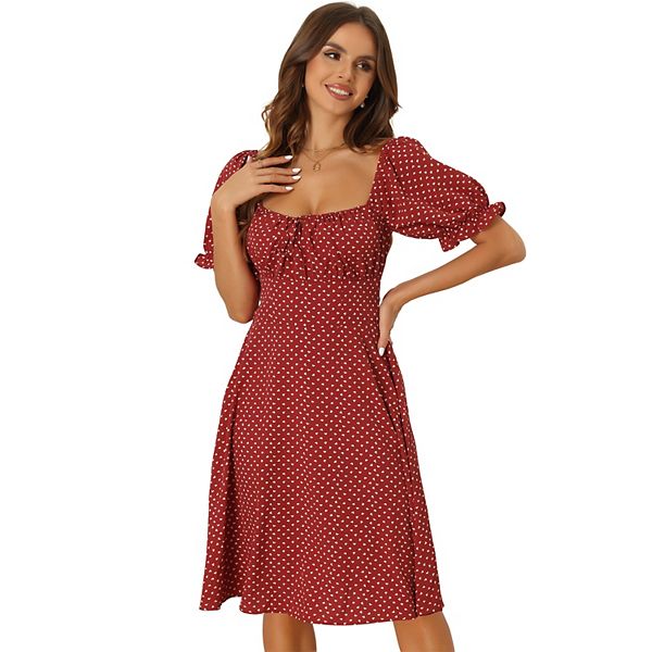 Square Neck Puffy Sleeve Eyelet Flared Midi Dress in Beige
