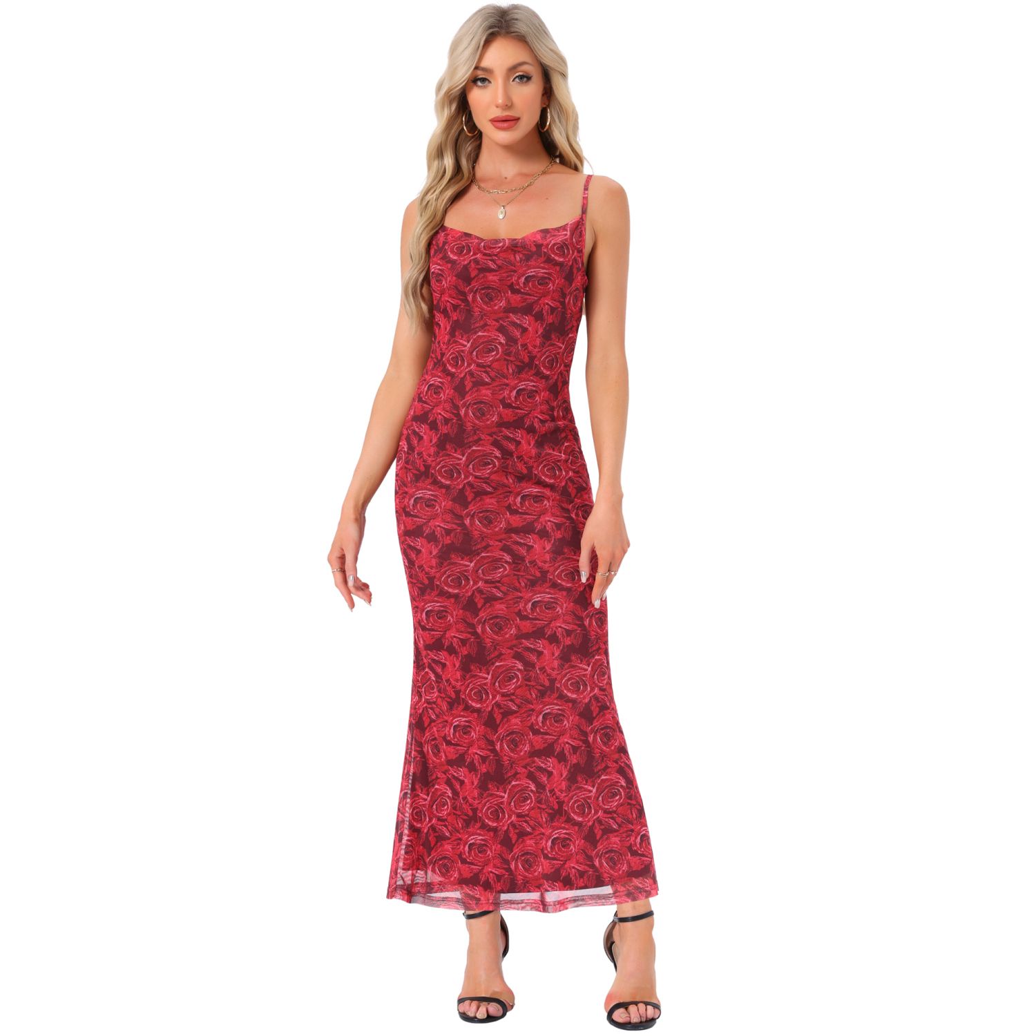 Женские платья Mesh Floral Sleeveless Bodycon Cocktail Maxi Dress