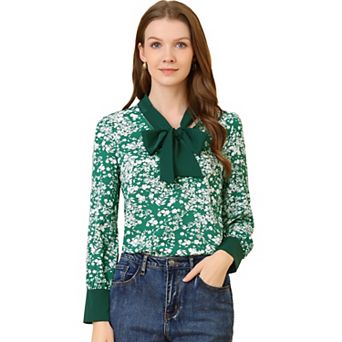 Women's Bow Tie Long Sleeve Contrast Color Vintage Floral Blouse
