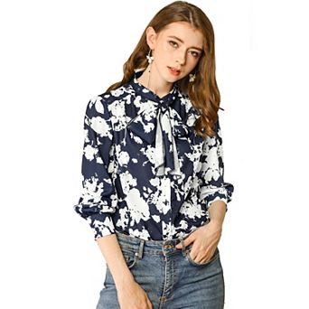 Women's Bow Tie Long Sleeve Contrast Color Vintage Floral Blouse