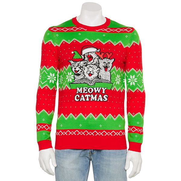 Men s Meowy Catmas Graphic Intarsia Sweater Size Large Green