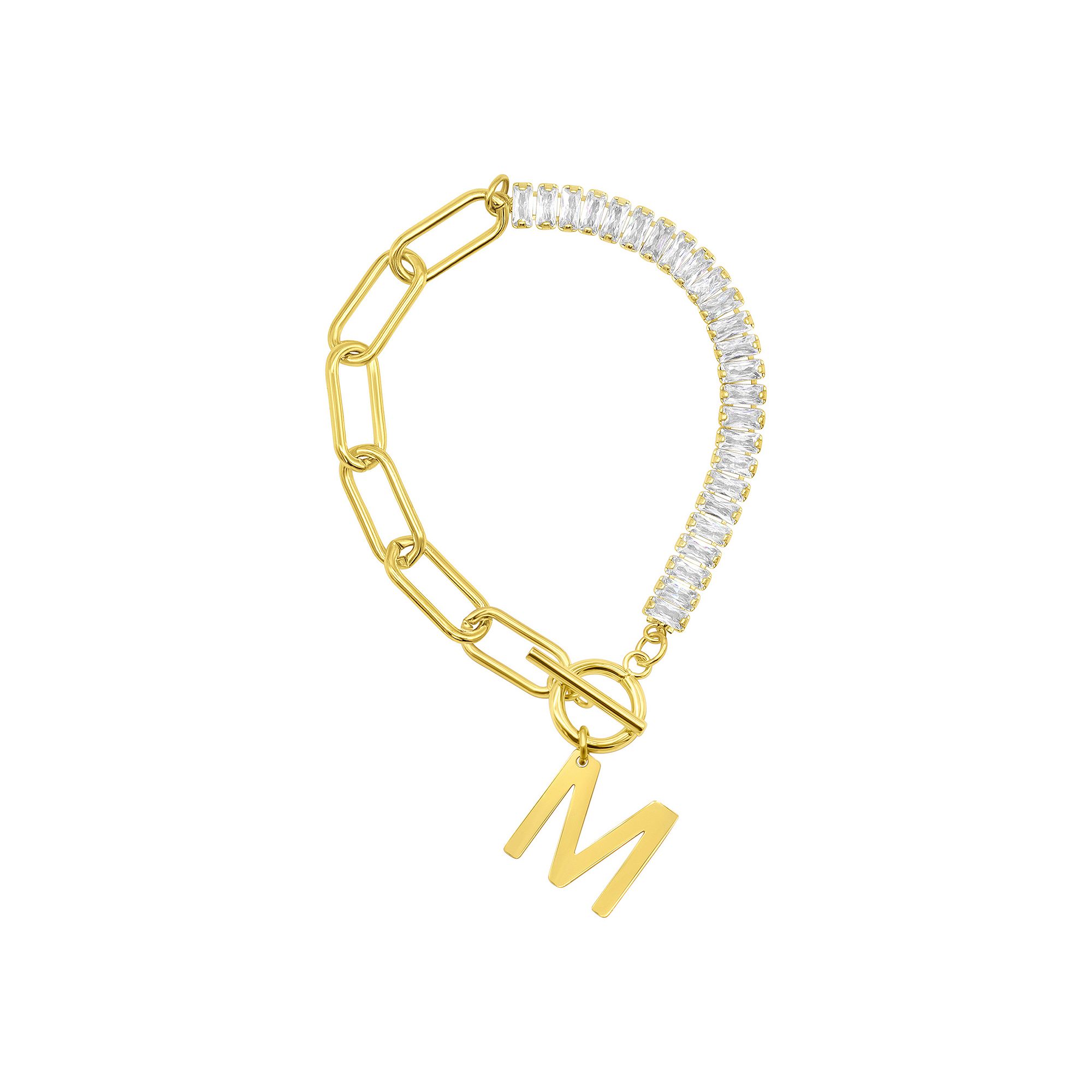 Adornia Gold Tone Half Crystal & Half Paperclip Initial Toggle Bracelet, W