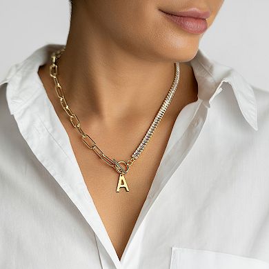 Adornia Gold Tone Half Crystal & Half Paperclip Initial Toggle Necklace