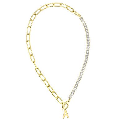 Adornia Gold Tone Half Crystal & Half Paperclip Initial Toggle Necklace
