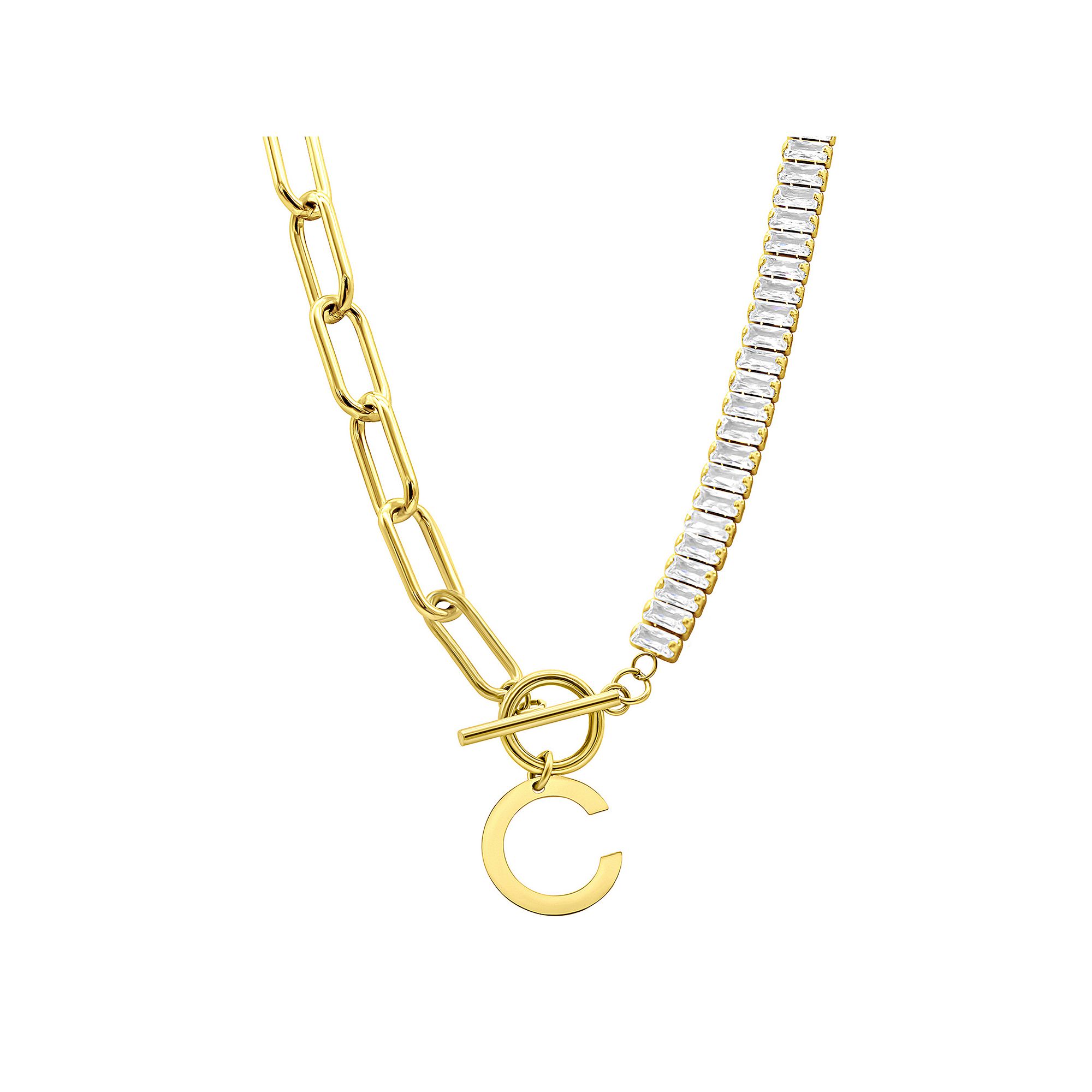 Adornia Gold Tone Half Crystal & Half Paperclip Initial Toggle Necklace, W