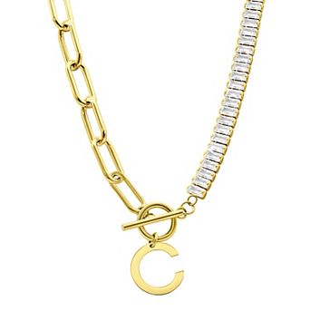 Adornia Gold Tone Half Crystal & Half Paperclip Initial Toggle Necklace