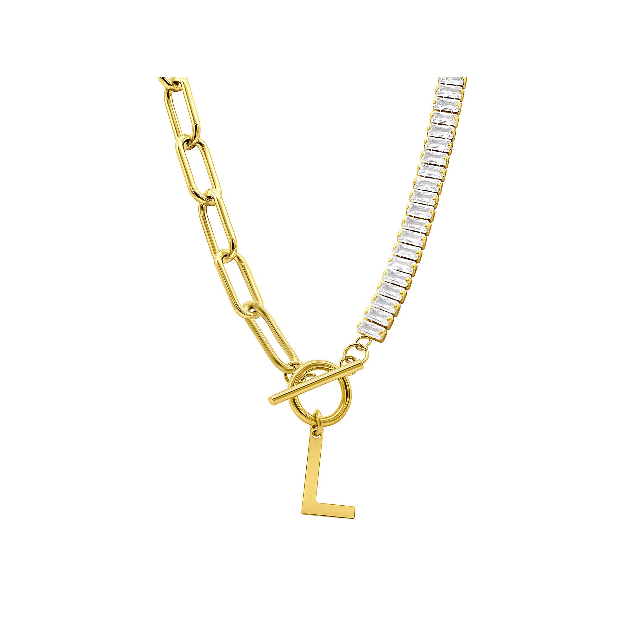 Adornia Gold Tone Half Crystal & Half Paperclip Initial Toggle Necklace, W