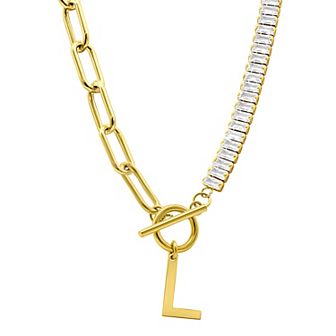 Adornia Gold Tone Half Crystal & Half Paperclip Initial Toggle Necklace