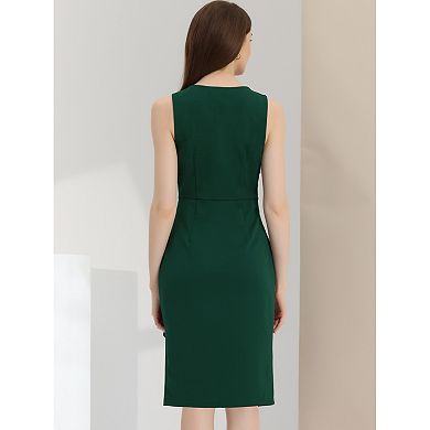 Women's Elegant Sleeveless Faux Wrap V Neck Sheath Work Pencil Midi Dress