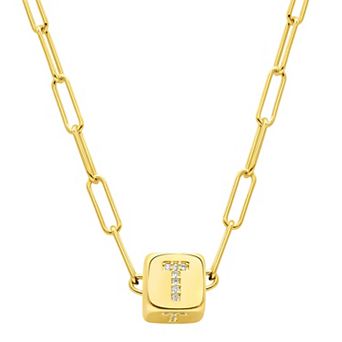Adornia Gold Tone Cubic Zirconia Adjustable Initial Cube Paperclip Necklace