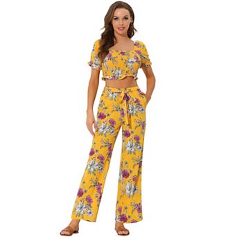 Women's Floral Square Neck Crop Blouse And Tie Waist Wide Leg Pants Set