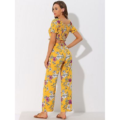 Women's Floral Square Neck Crop Blouse And Tie Waist Wide Leg Pants Set