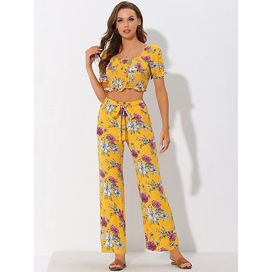 Women's Floral Square Neck Crop Blouse And Tie Waist Wide Leg Pants Set