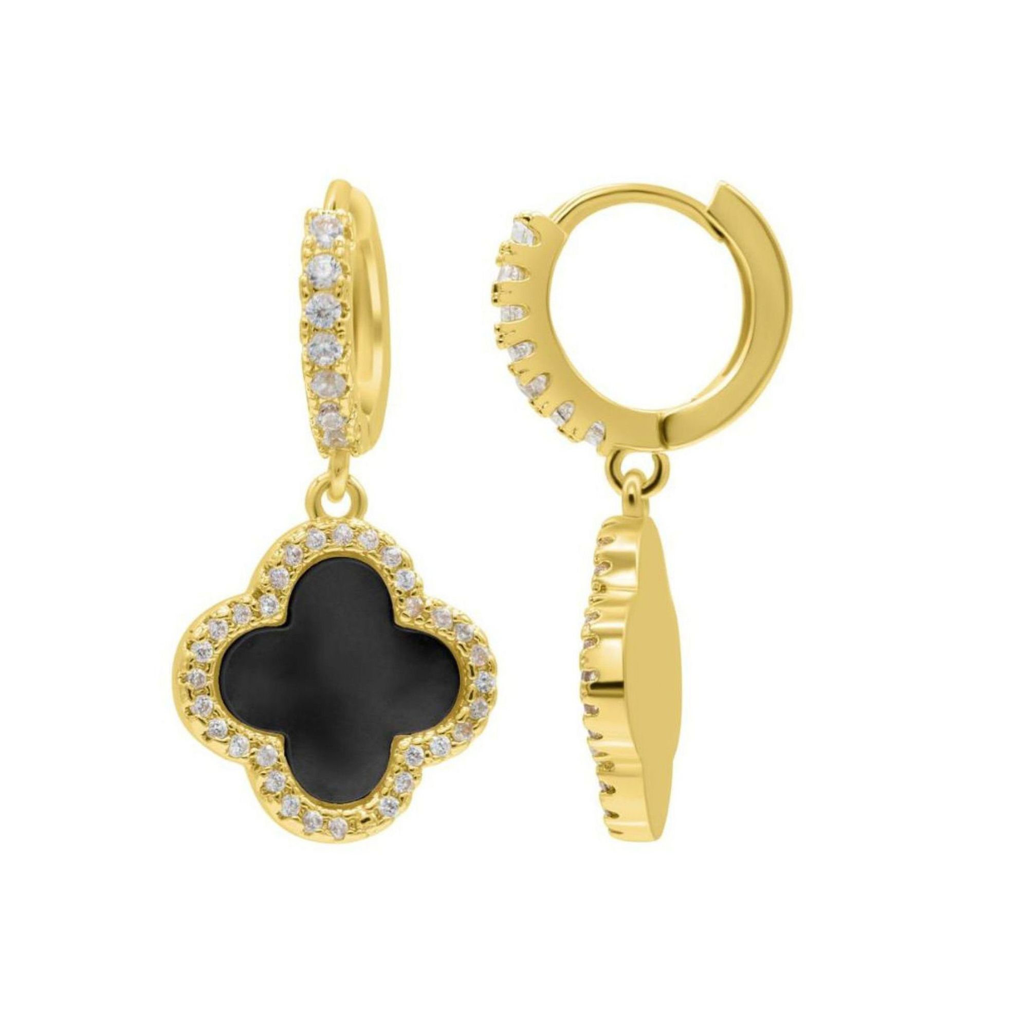 Adornia 14k Gold Plated Crystal Halo Clover Dangle Huggie Earrings, Womens