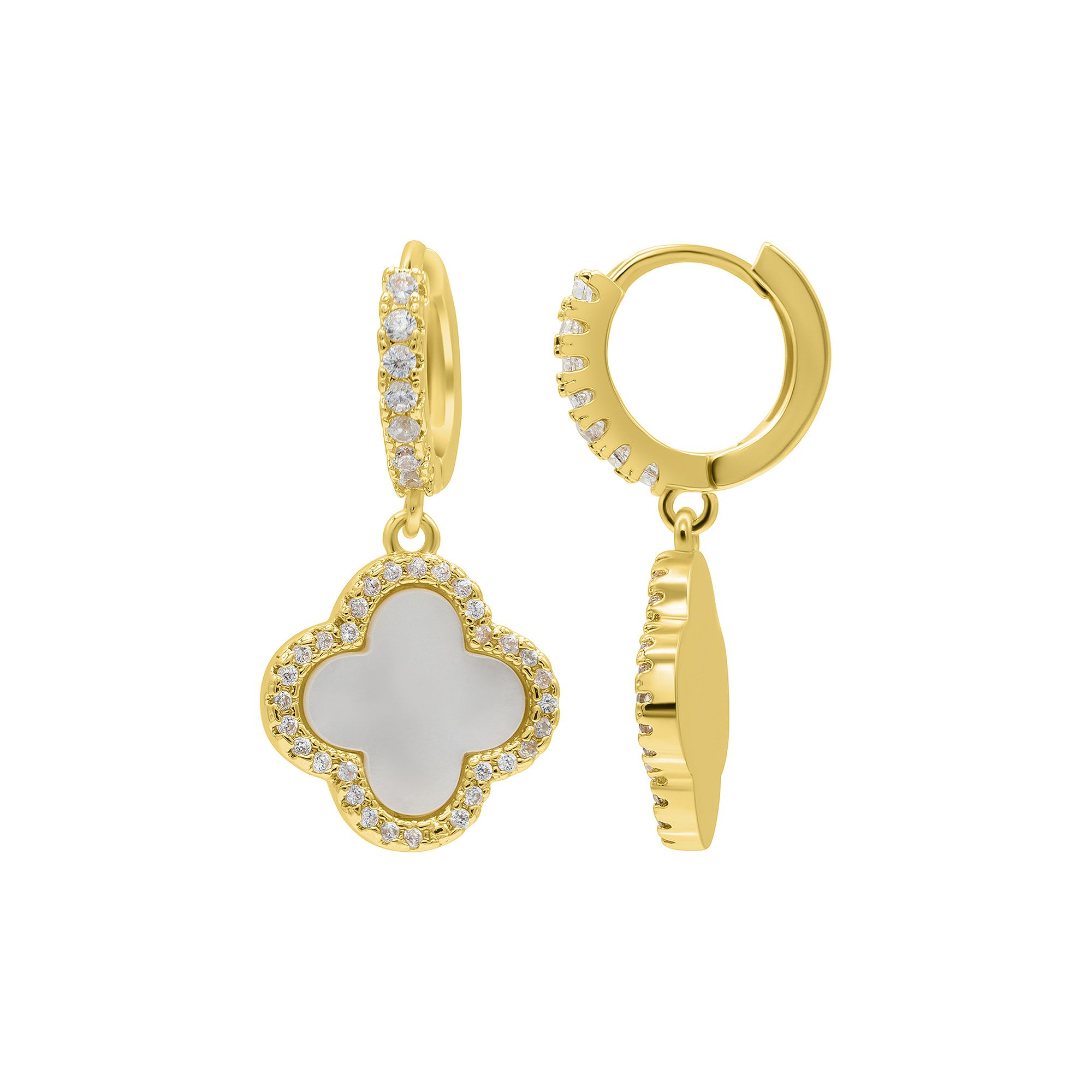Adornia 14k Gold Plated Crystal Halo Clover Dangle Huggie Earrings, Womens